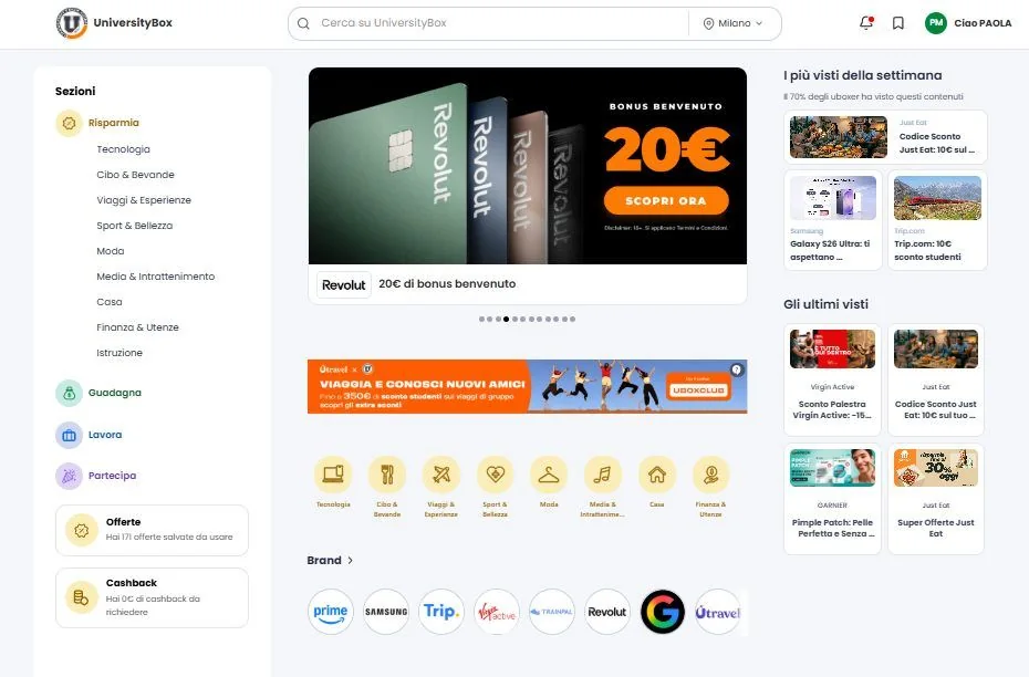 La home del sito UniversityBox con offerte, sezioni Risparmia, Guadagna, Lavora, Partecipa e brand partner