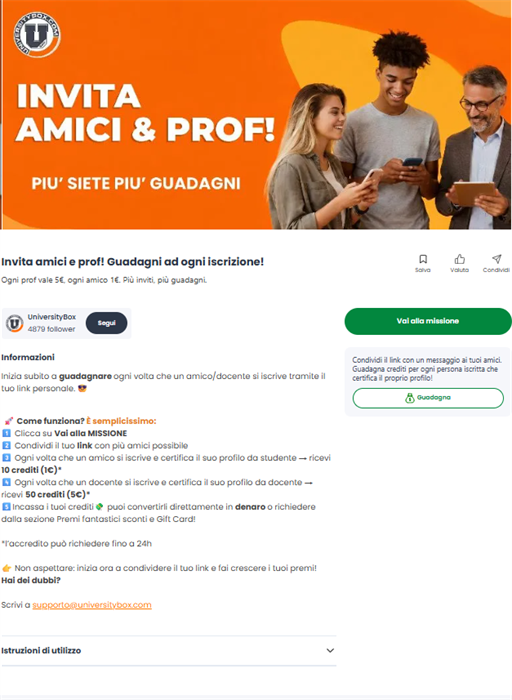 Missione referral «Invita amici e prof» nell'app