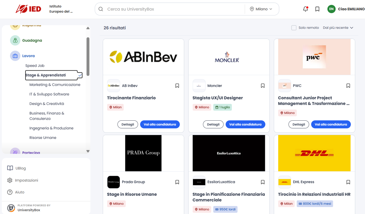 Schermata della piattaforma UniversityBox personalizzata con il marchio di una scuola di design