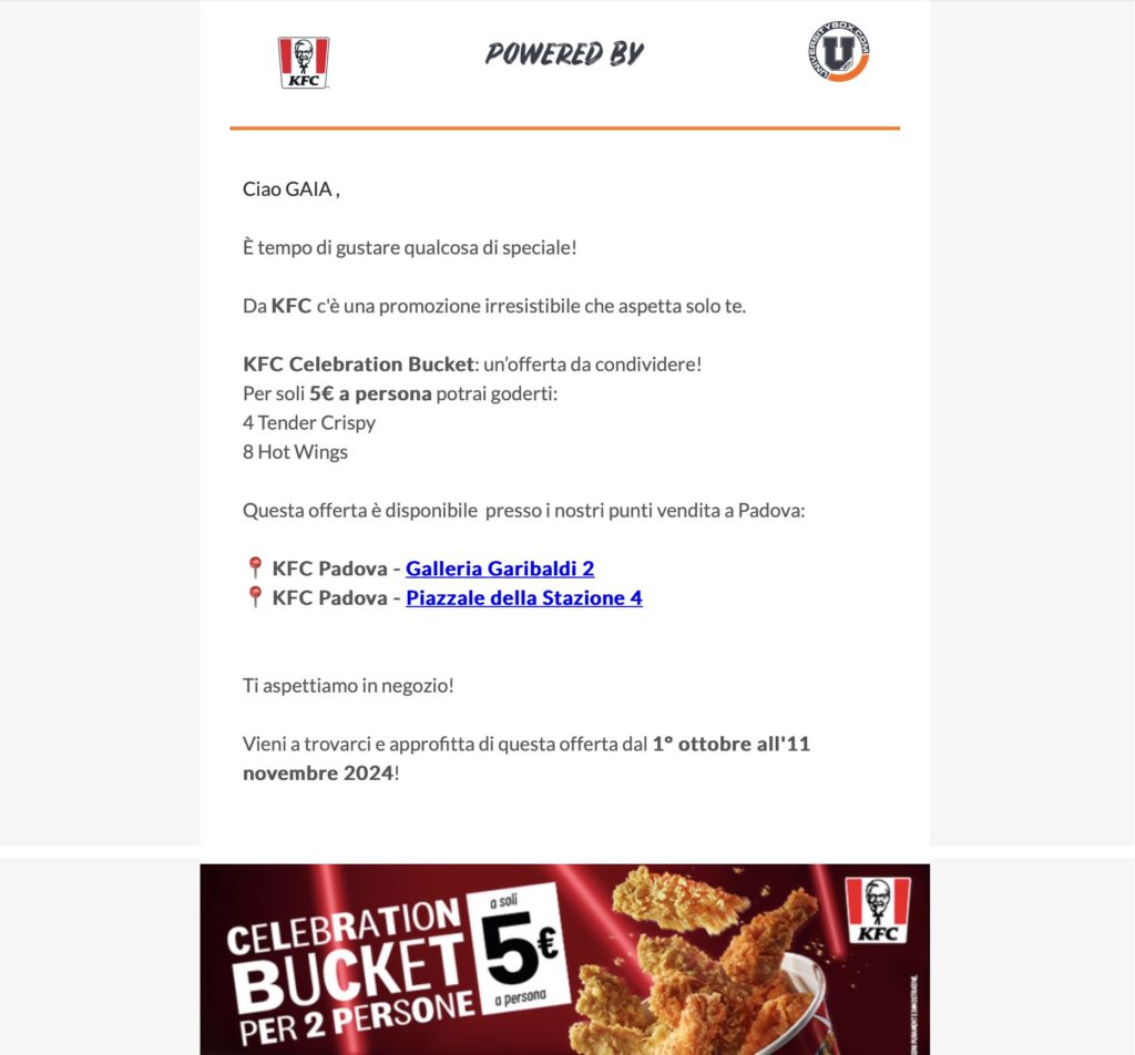 testo di una dem per descrivere la promozione di KFC